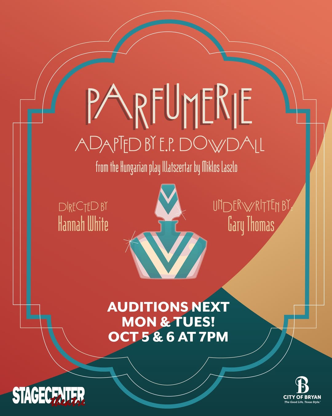 CTX4543. Auditions for Parfumerie, by StageCenter Community Theatre, Bryan (RESCHEDULED)