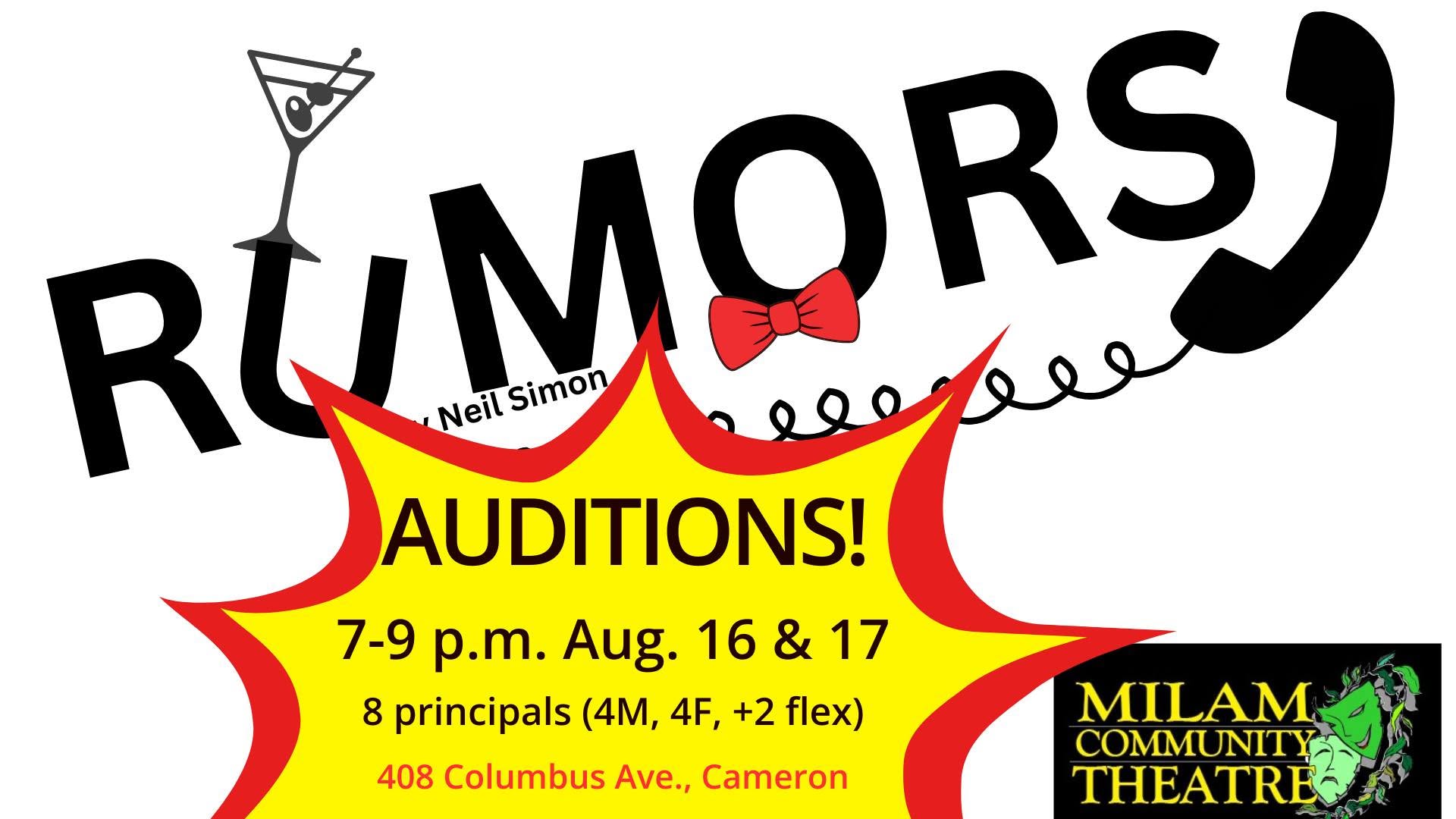 Auditions for Rumors, by Milam Community Theater, Cameron