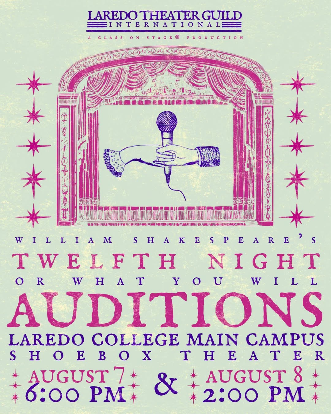 Auditions for Twelfth Night, or What You Will, by Laredo Theatre Guild International