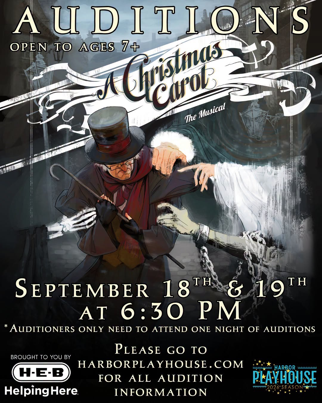 CTX4521. Auditions for A Christmas Carol, (musical) by Harbor Playhouse, Corpus Christi