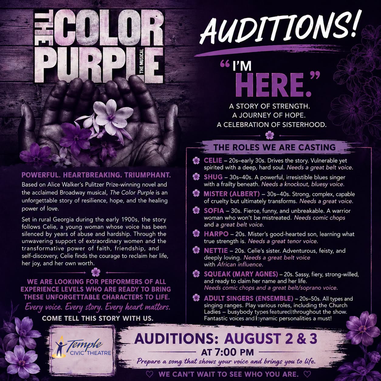 CTX4486. Auditions for The Color Purple, the musical, by Temple Civic Theatre