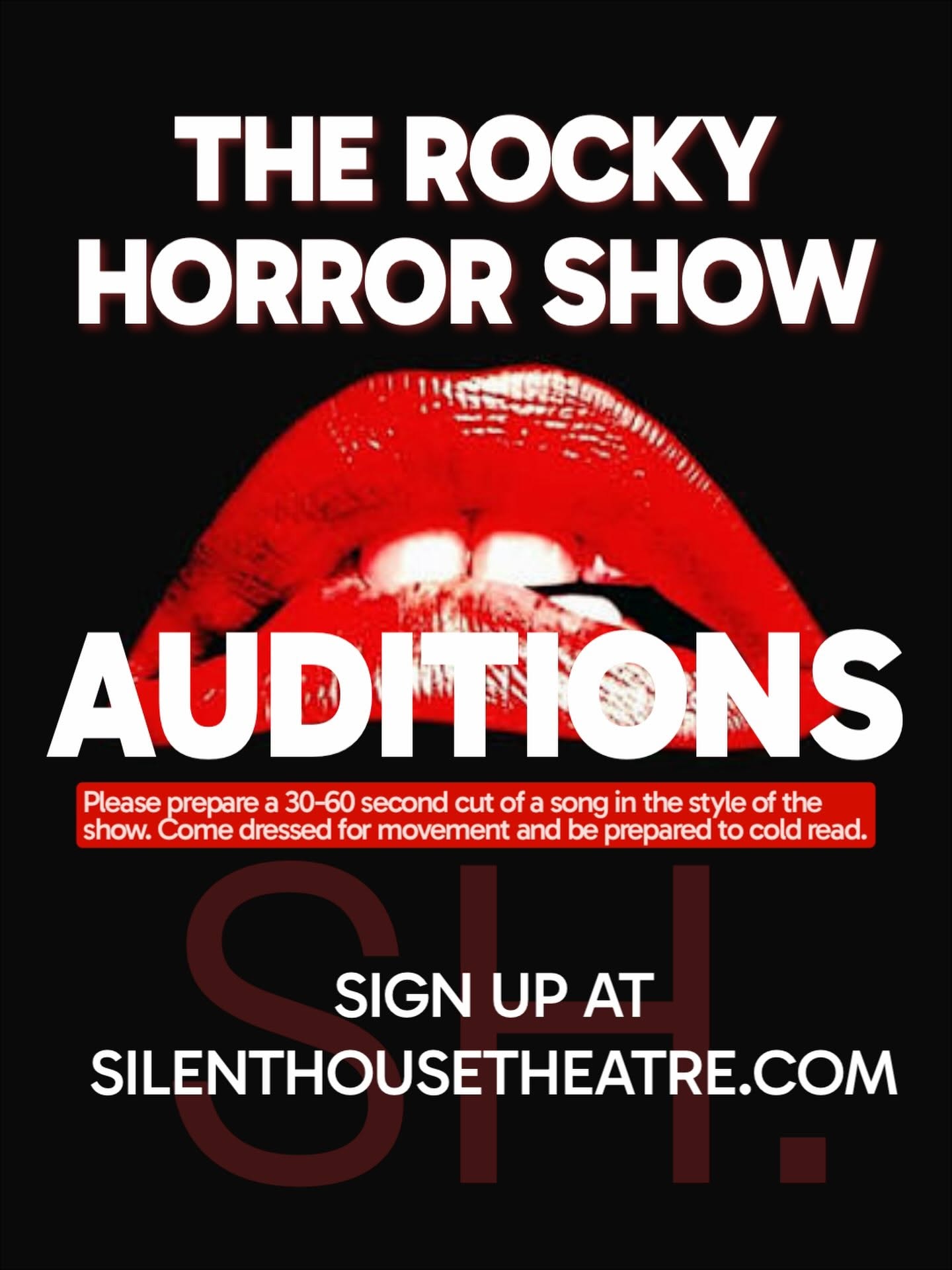 CTX4529. Auditions for The Rocky Horror Show, by Silent House Theatre (SH.), Waco