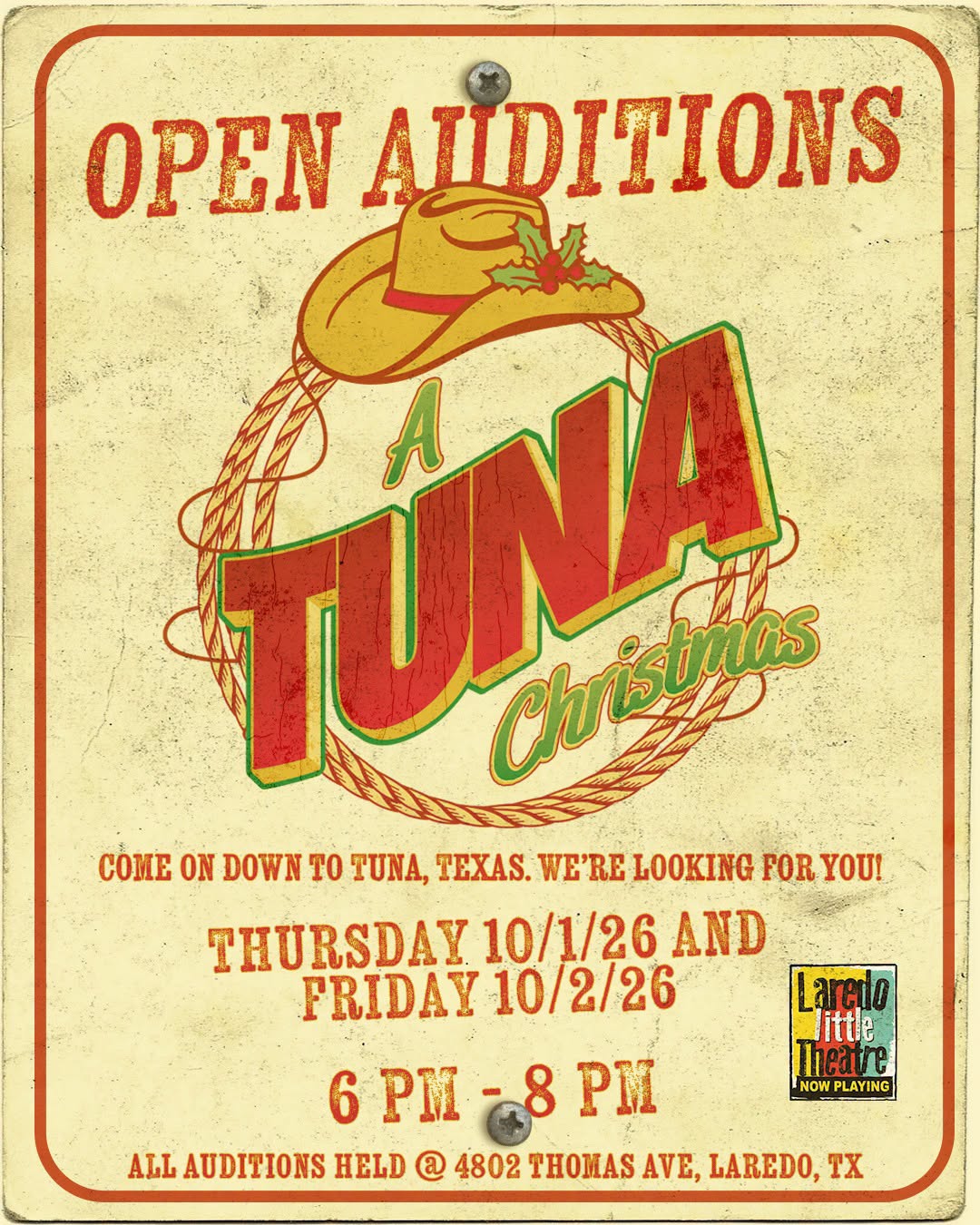CTX4550. Auditions for A Tuna Christmas, by Laredo Little Theatre