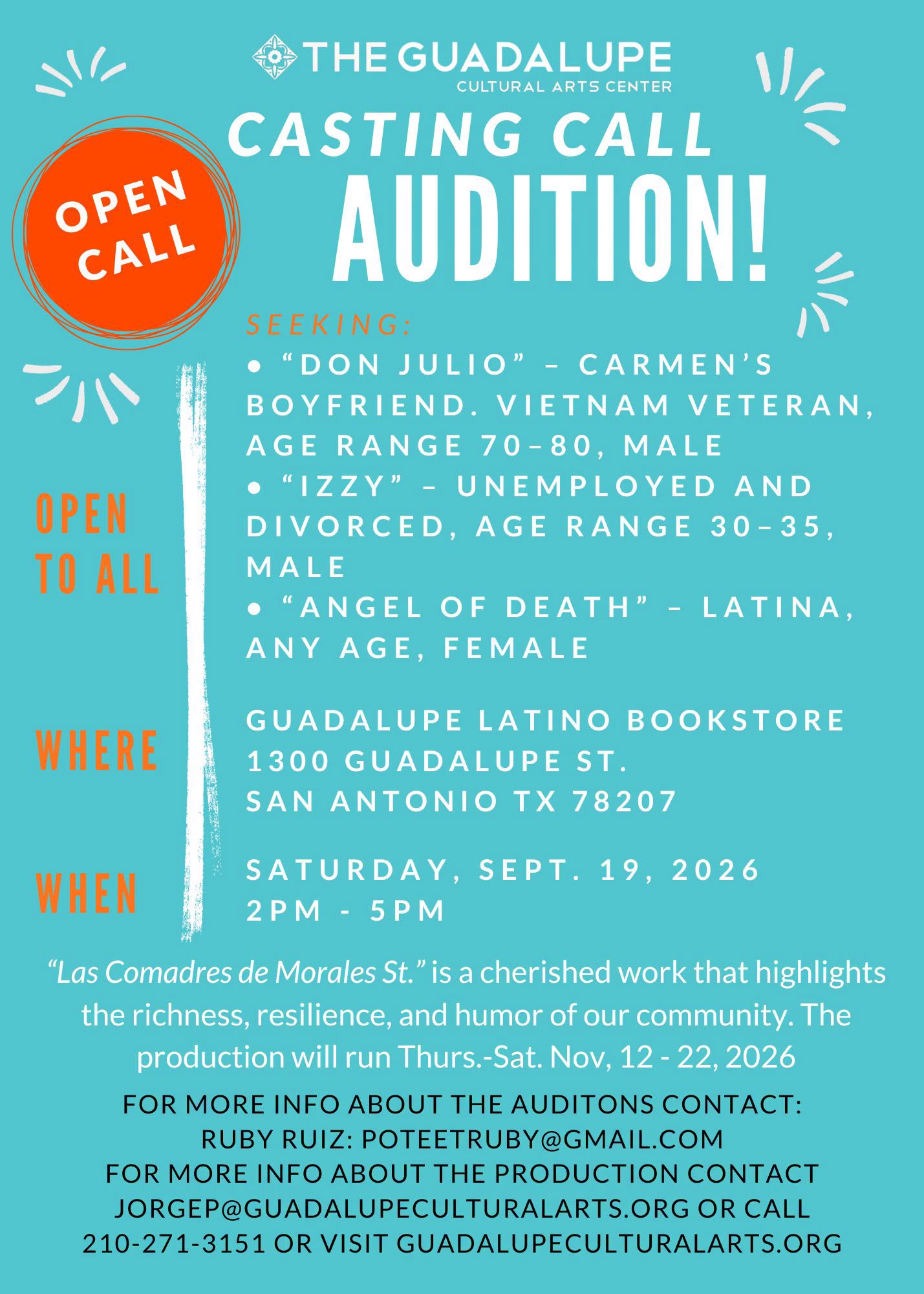 CTX4542. Auditions for Las Comadres de Morales Street, by Guadalupe Cultural Arts Center, San Antonio