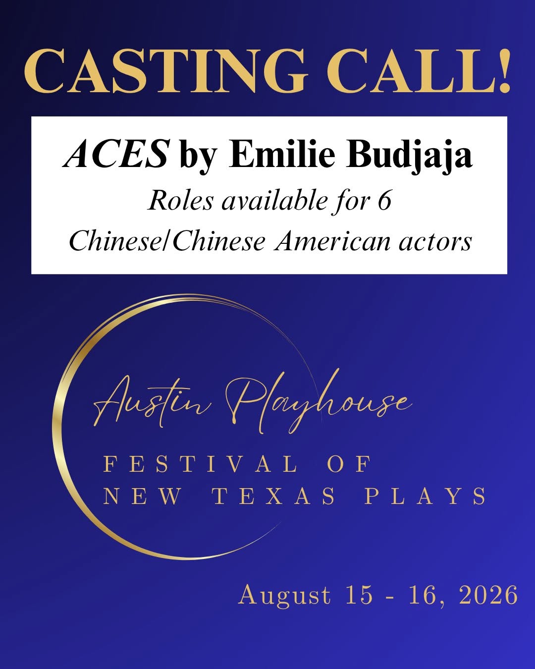 CTX4488. Austin Playhouse Seeks Six Mandarin-Speaking Actors for Staged Reading of New Texas Play ACES
