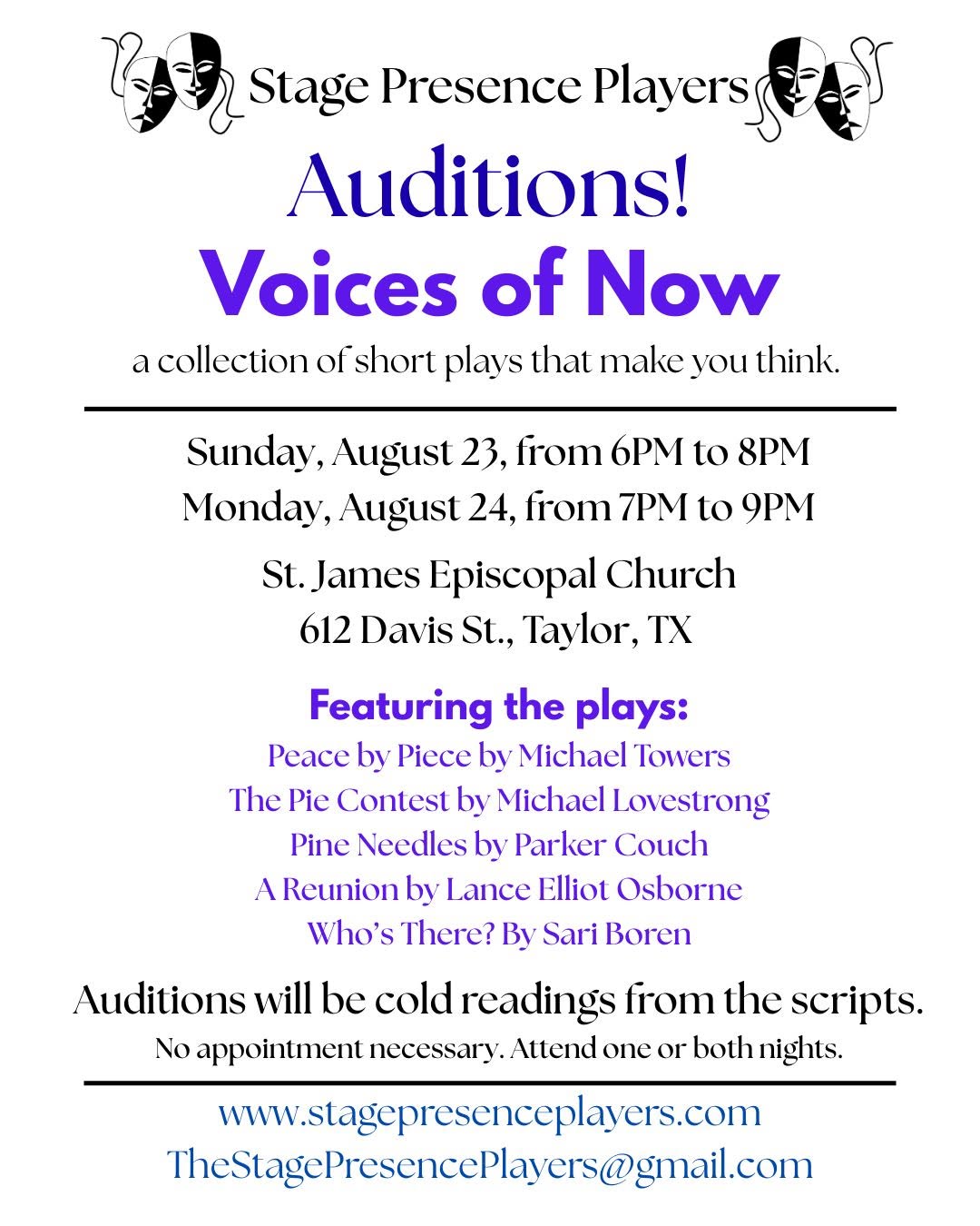 CTX4513. Auditions for Voices of Now, by Stage Presence Players, Taylor