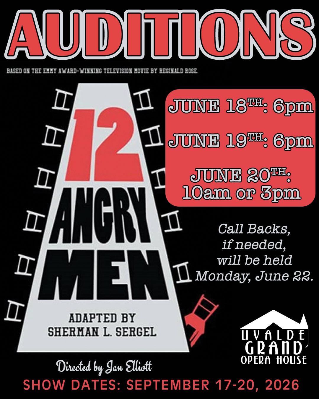 CTX4432. Auditions for Twelve Angry Men, by Uvalde Grand Opera House