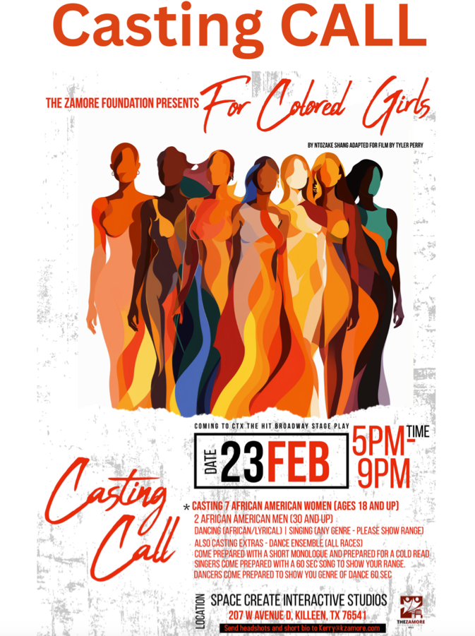 CTX3626. Auditions for For Colored Girls Who Have Considered Suicide When the Rainbow Is Enuf, by Zamore Foundation, Killeen